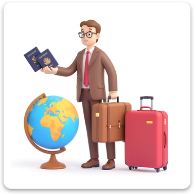 an emoji representing an expat, a person with a suitcase and a passport, looking at a globe sticker