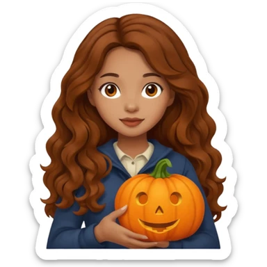 Cozy mixed girl with long wavy brown hair dressed for fall holding a pumpkin  sticker
