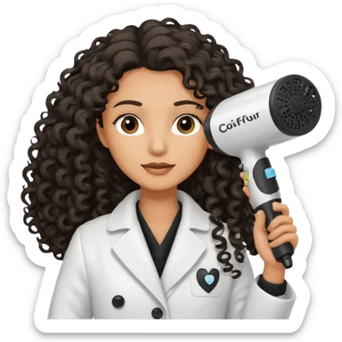 Parrucchiera con il phon in mano e la scritta coiffeur assunta capelli neri e ricci lunghi sticker