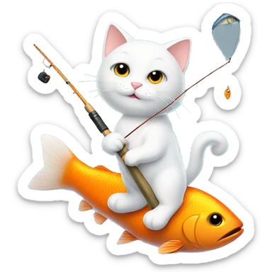 super cute white cat with orangey tail holding a fishing rod with a fish on the end sticker