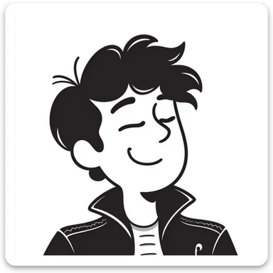 Hand-drawn portrait of a rockstar musician, face and upper body only, confident expression with half-closed eyes looking upward, knowing smirk, contemplative expression showing he's envisioning success sticker