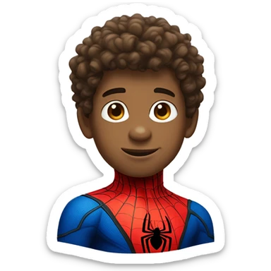 curly headed light skin boy wearing Spider-Man suit with no mask sticker