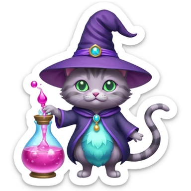 Purple witch cat full body with pink potion and blue potion  sticker