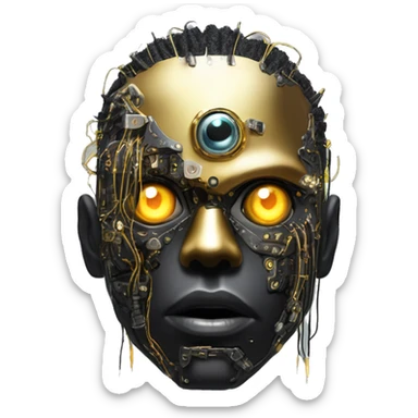 black metal male cyborg head with artificial eyeball, circuitry and wispy yellow gold hair sticker