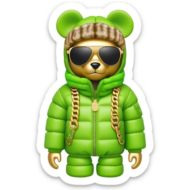 bearbrick figure with lime green grafitti-covered balaclava, voluminous puffer jacket with fur trim, single-piece wrap-around sunglasses, heavy gold chains, luxury streetwear style sticker