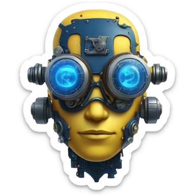 Yellow cyborg head with dark blue steampunk goggles and circuitry sticker