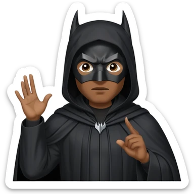 Batman mask Black man wearing a long black robe with a tall pointed hood, face fully covered except for two small eye holes, standing confidently with hands gesturing in conversation. sticker