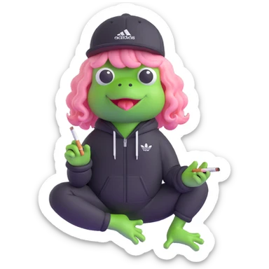 3D emoji style frog wearing a black Adidas-style track suit without logo, pink long curly hair wig, smoking a cigarette sticker