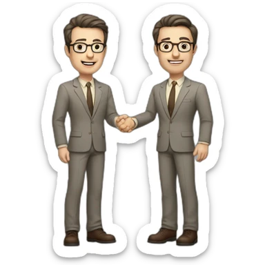 Full height Actively gesturing with hands Pale skinned fit man with dark brown hair in gray jacket, beige office shirt, brown tie, brown pants and vintage glasses. sticker
