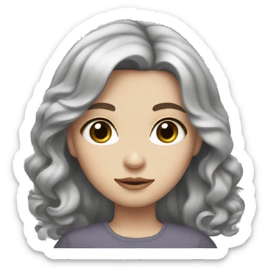 Girl with pale skin, black straigh hair with waves and the end of the hair, grey eyes, and cute  sticker