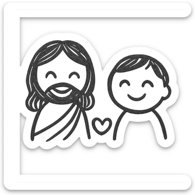 hand drawn cutesy tiny Jesus and a person, both smiling, with a small heart between them, so small that faces are not visible sticker