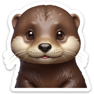 Cinematic Cute Otter Portrait Emoji, Head tilted playfully and inquisitively, featuring a glossy, streamlined brown Fur with a cute, twitching nose and round, sparkling eyes filled with curiosity, Simplified yet irresistibly adorable features, highly detailed, glowing with a warm, friendly glow, high shine, affectionate and sprightly, stylized with a touch of aquatic whimsy, bright and endearing, soft glowing outline, capturing the essence of a mischievous yet loving otter, so playful it feels like it could splash out of the screen and into your arms! sticker