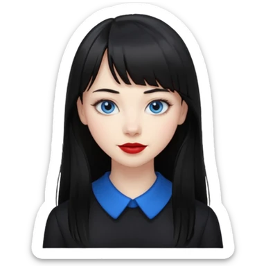 20 yr old woman long straight black hair, pale skin, blue eyes, red lipstick, black clothes, small smile, bangs sticker