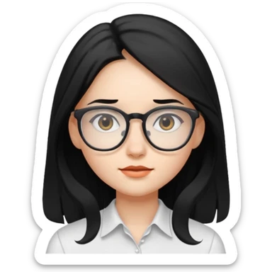 A girl with black long hair and glasses and a white shirt sticker