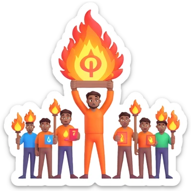 celebratory emoji of a man named Rakesh depicted as a godly figure with a glowing aura and fire elements, standing above five devoted followers, holding a reward sign of 1 lakh, symbolizing his promotion to company COO, conveying admiration and team spirit sticker