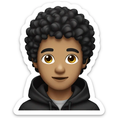 a young male with medium skin and curly black hair, wearing a black hoodie sticker