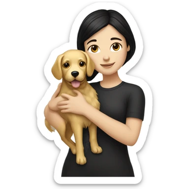 White girl with black hair hugging golden dog sticker