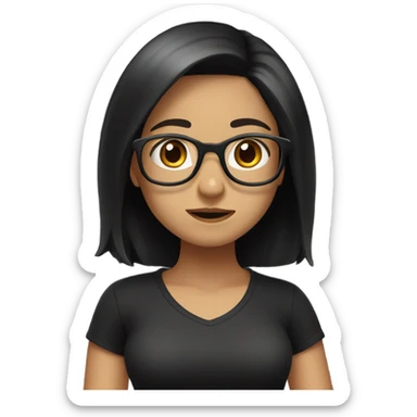 girl shrugging with black shirt, black hair, brown eyes with glasses sticker