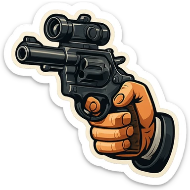 male hand holding a revolver with a sight, retro stickers style, sharp black outlines, expressive shadows and highlights, no gradients, only sharp color transitions sticker