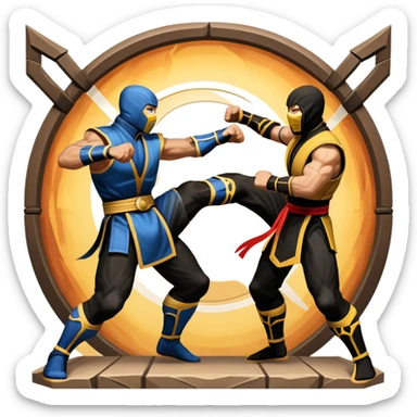 An icon showing two fighters in combat poses, inspired by Mortal Kombat. One character delivers a powerful kick, while the other blocks. The background features an iconic arena from the game with life bars at the top, symbolizing intense battles. Transparent background. sticker