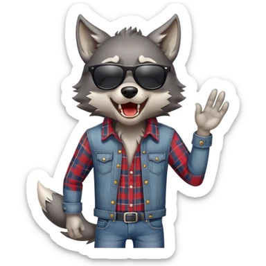 friendly anthropomorphised wolf in jeans and plaid shirt, wearing dark sunglasses, howling, dynamic pose sticker