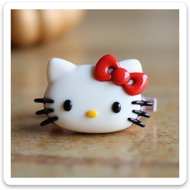 realistic Hello Kitty hair pin made of acrylic material, glossy finish, Hello Kitty's face with a red bow, product photography style sticker
