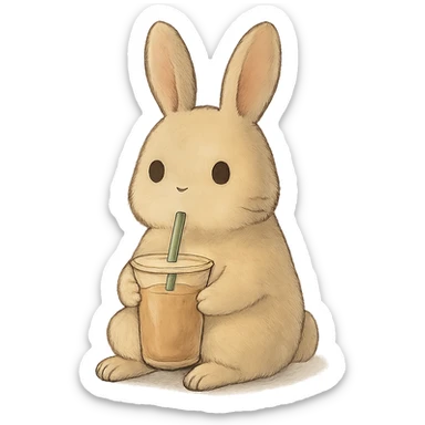 milk tea bunny sitting still with blank stare, soft ghibli style sticker
