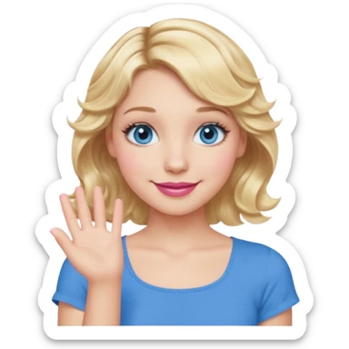 Girl Blonde short wavy hair,  blue eyes, cute blue top, long lashes, pink lips, smiling, one hand 🤷🏼‍♀️  sticker