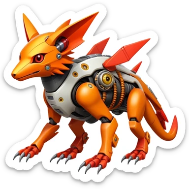  exotic futuristic warm-colored modern cyber-Fakémon-Digimon-Trico-creature sticker