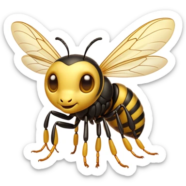 Cinematic Cute Wasp Portrait Emoji, Head tilted playfully and inquisitively, featuring a compact, delicately striped body with softened, endearing eyes and petite, translucent wings, Simplified yet irresistibly adorable features, highly detailed, glowing with a warm, inviting glow, high shine, affectionate and lively, stylized with a touch of whimsical insect charm, soft glowing outline, capturing the essence of a mischievous wasp that seems as if it could buzz out of the screen with a playful wink! sticker