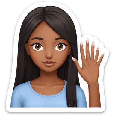 black girl with straight hair and long eyelashes looking at her nails sticker