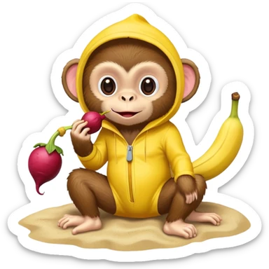 A monkey wearing a banana onesie at the beach eating beetroot sticker