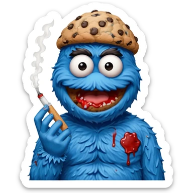 Cookie Monster smoking a cigarette and wearing a blood covered shirt sticker