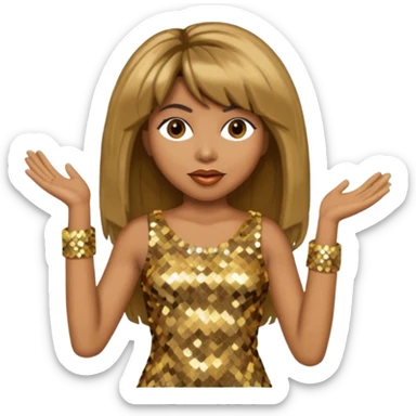 Tina Turner with long brown straight hair, gold sequin outfit sticker