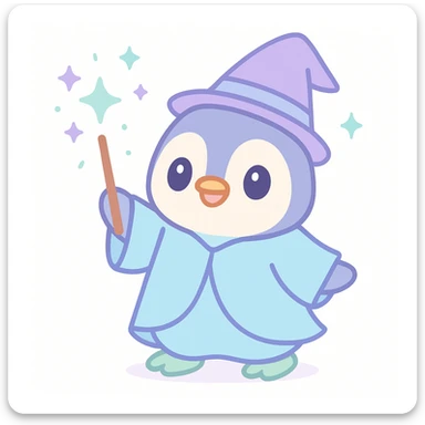 penguin wizard, casting a spell, sparkles, blue robe, whimsical style, cute sticker