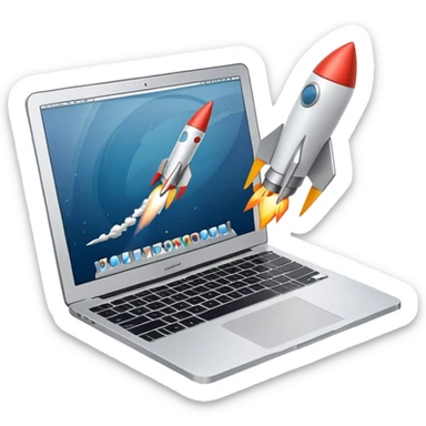 macbook，isometric view, rocket flies sticker