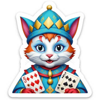 crazy colorful cute little cat jolly joker from poker, medieval, vintage, court jester, mac os icon, blue color, holds poker cards sticker