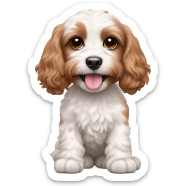 White cavapoo with brown ears and brown spots on back. Pink tummy. Cute and smiley sticker