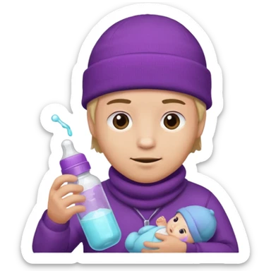 guy with beanie holding a baby bottle with purple liquid sticker
