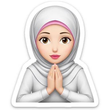 white hijab women are listening with her hands folded on the table. her lips is pink. sticker