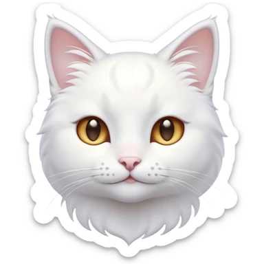 Cinematic Cute White Cat Portrait Emoji, Head tilted with a soft, gentle smile and sparkling eyes, featuring a silky, pristine white fur with subtle silver highlights, simplified yet irresistibly adorable, highly detailed, glowing with a warm, snowy glow, high shine, radiating affectionate charm and tender grace, styled with a light, playful outline, capturing the essence of a cute white cat that looks as if it could melt your heart with a single blink! sticker