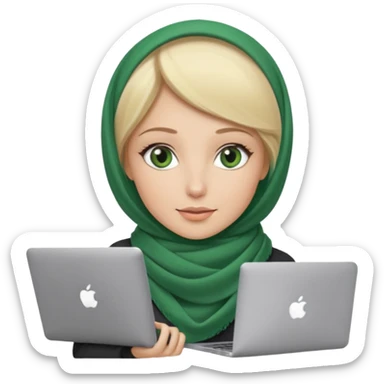 blond women skine , with green eyes , with scarf hijab , heid the hair, with macbook sticker