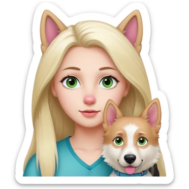 White European young woman with blue-green eyes and long blond hair with her white German Shepherd dog,the Dog hast a pink nose and short fur  and Brown eyes sticker