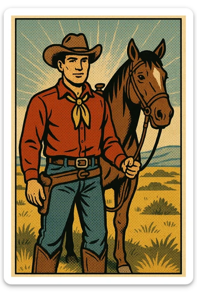 The full body of a cowboy standing next to his horse out on the Great Plains of the American West.  The cowboy is facing forward looking calm sticker