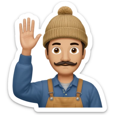 Woodworker thick straight mustache knit cap Carhartt shirt, one hand raised above head small eyes sticker