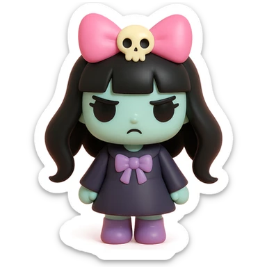 gothic girl with pink bow and skull charm, gothic style, vinyl figure, dramatic details sticker