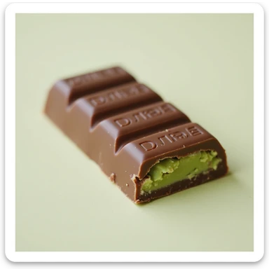 realistic chocolate bar shaped like the viral Dubai chocolate, with a bite taken out of one corner revealing a vibrant green pistachio filling inside, on a clean background sticker