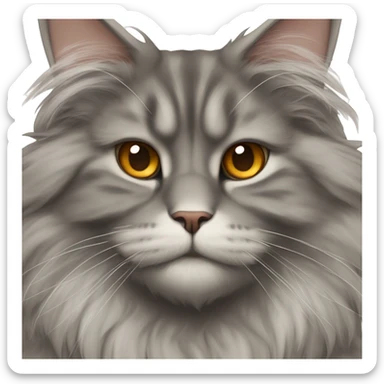 A Persian-Maine Coon mix with a thick, smoky-lightgray coat, round amber eyes, a flat, expressive face, and small, rounded ears. The fur is dense and fluffy, giving a plush and majestic appearance. sticker