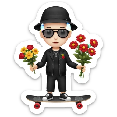 ["A sad boy with pale skin, bald, wearing a sunhat and sunglasses, dressed in goth fashion, is skateboarding while holding a flower bouquet."] sticker