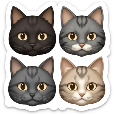 gatto nero con muso zona naso bianco (ricorda la maschera di batman), gatto siberiano grigio e beige mescolato, gatto grigio chiaro con qualche striatura grigio scura, gatto marrone con macchie beige sticker